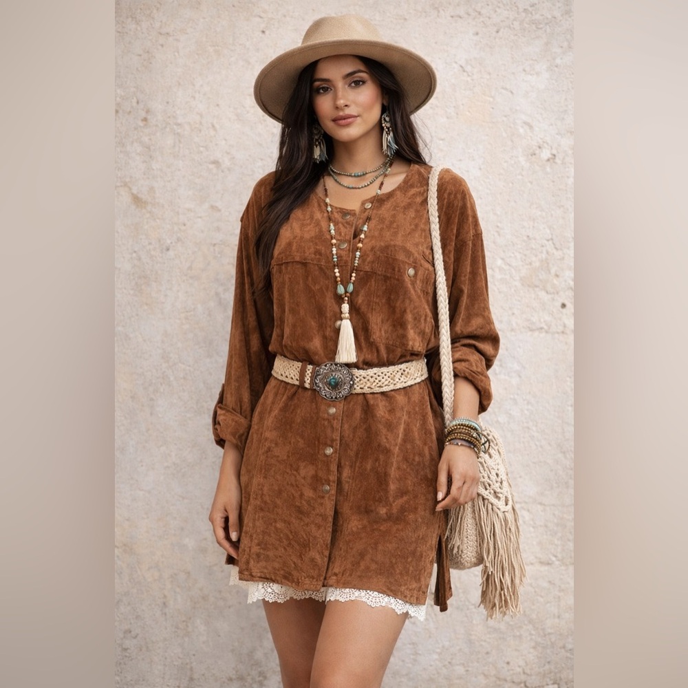 Vintage Suede Leather Pullover Shirt Dress Jacket XL Boho Hippie Renaissance